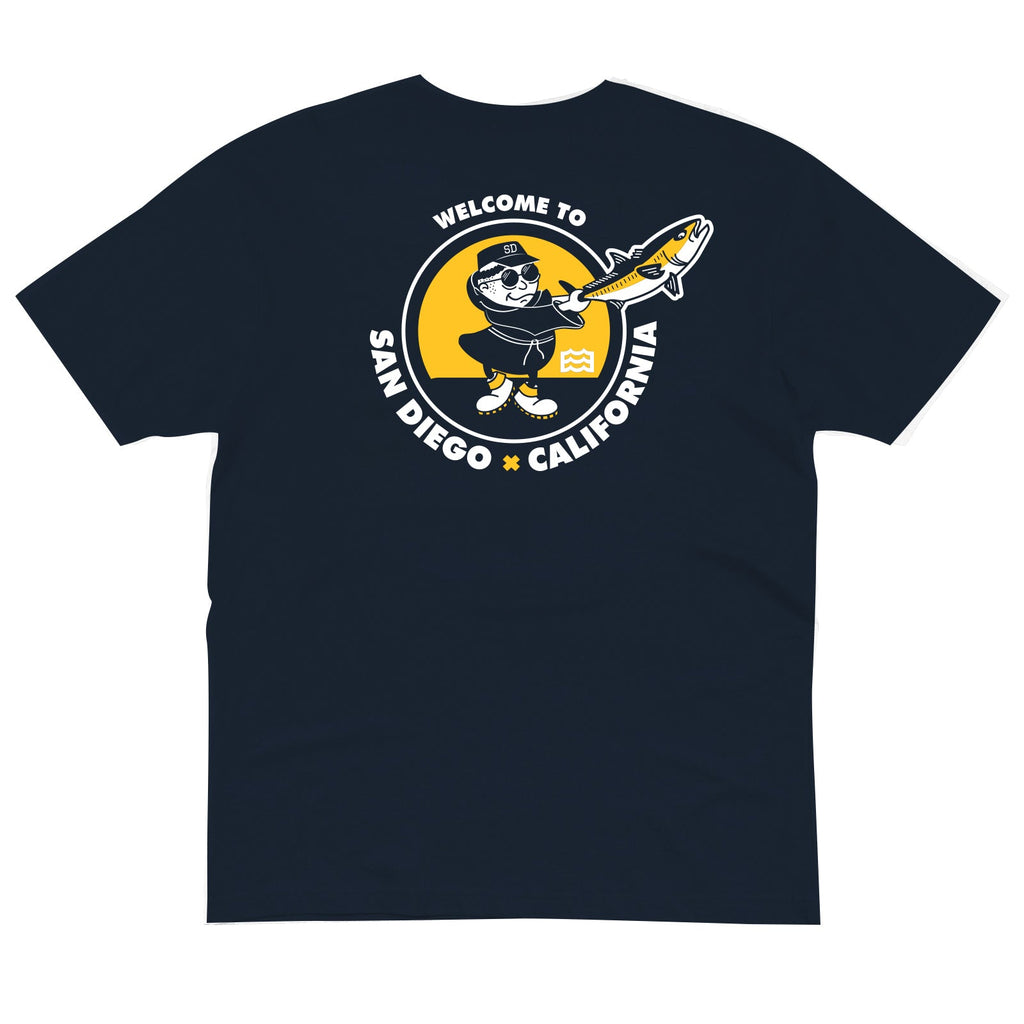 navy tee with welcome to San Diego California and man swinging fish graphic