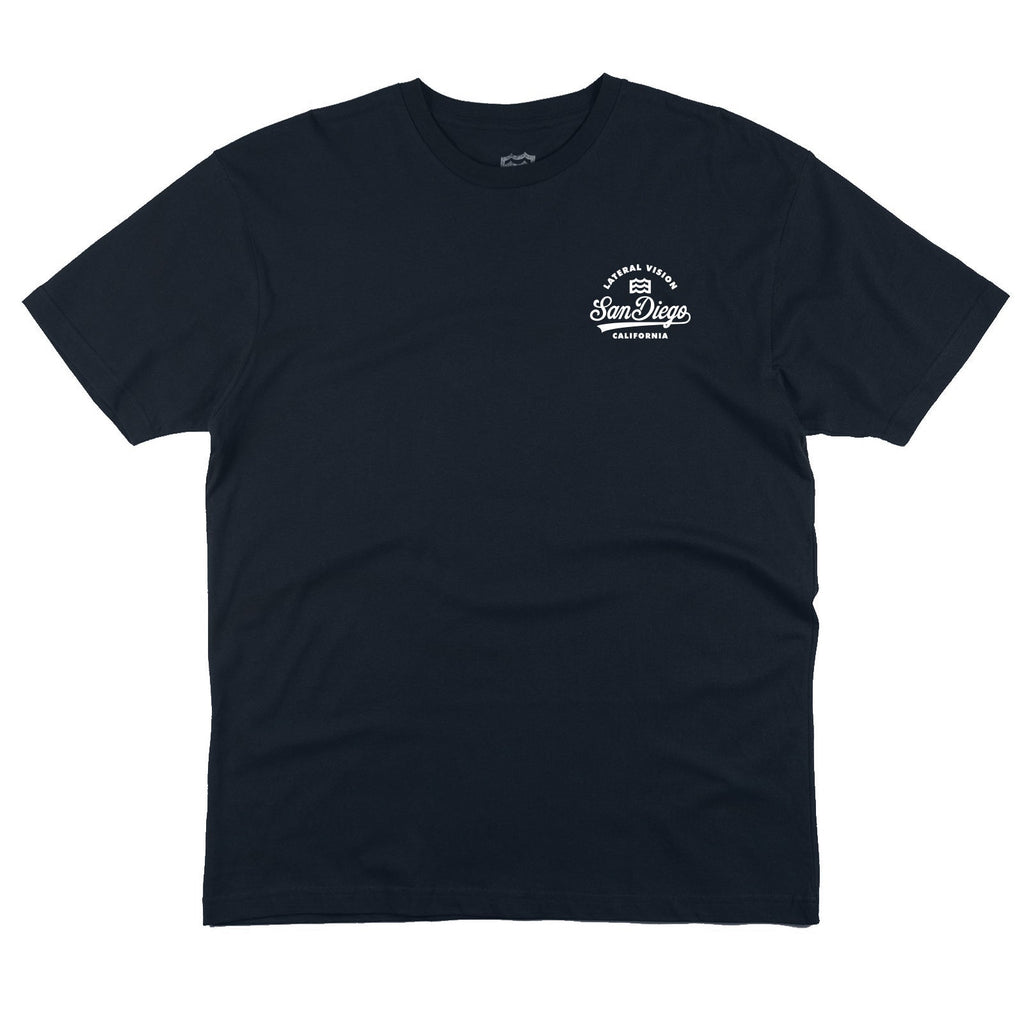 front of navy t-shirt with lateral vision San Diego wave logo design on pocket