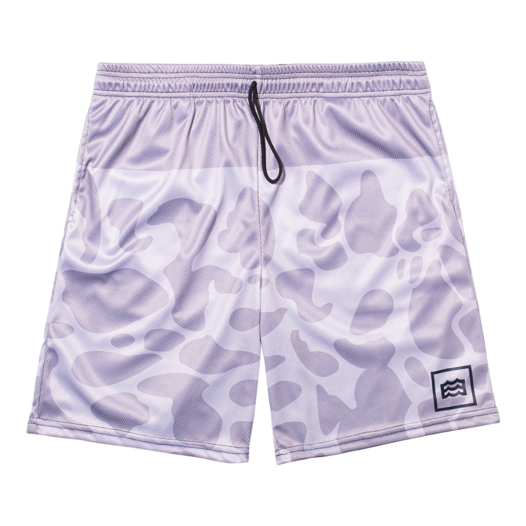 split white and gray camouflaged shorts with wave logo on left leg