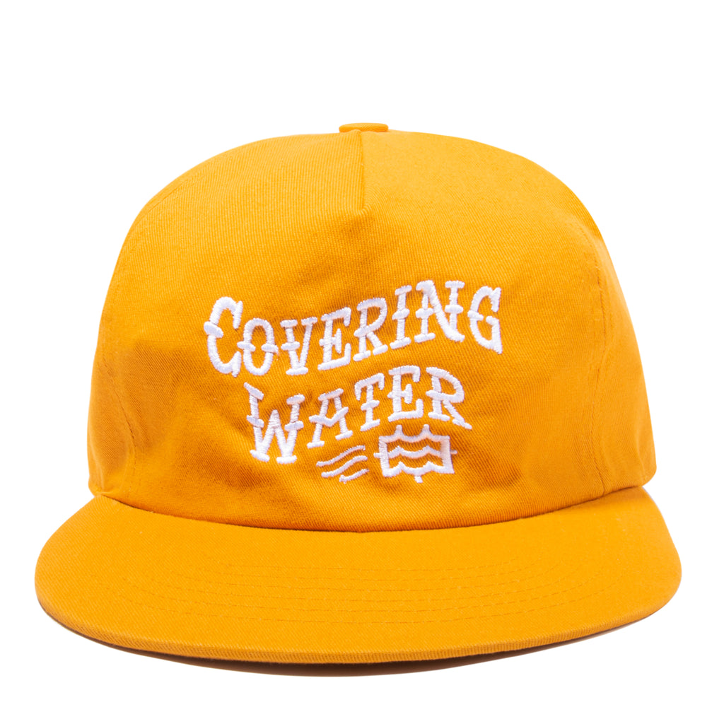 yellow snapback hat with covering water lateral vision logo design