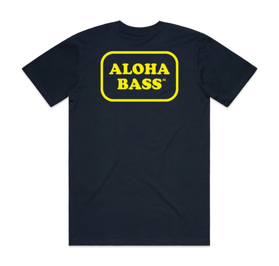 navy t-shirt with aloha bass in rectangle design 