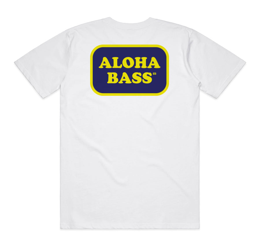white t-shirt with aloha bass in rectangle design 