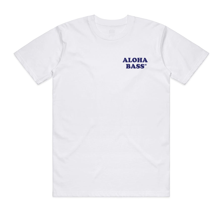 front of white t-shirt with aloha bass on pocket