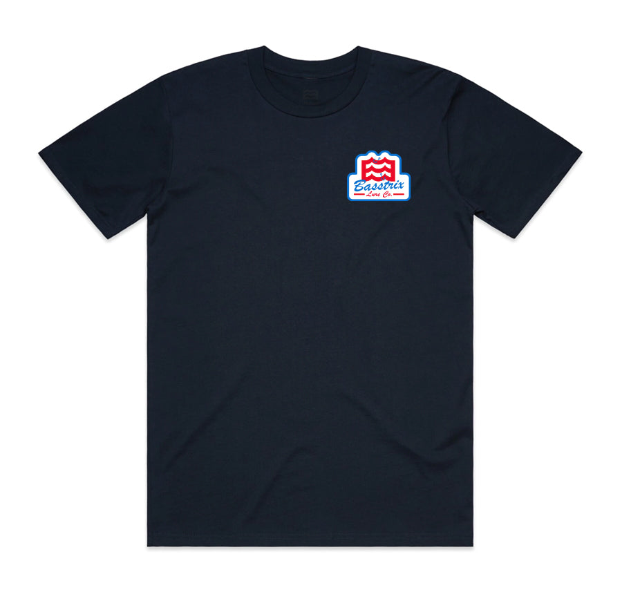 front of navy t-shirt with Basstrix and wave logo design on pocket