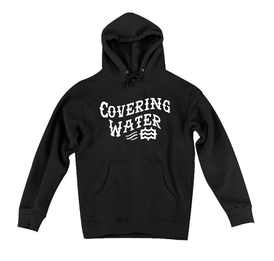 black hoodie with lateral vision covering water design