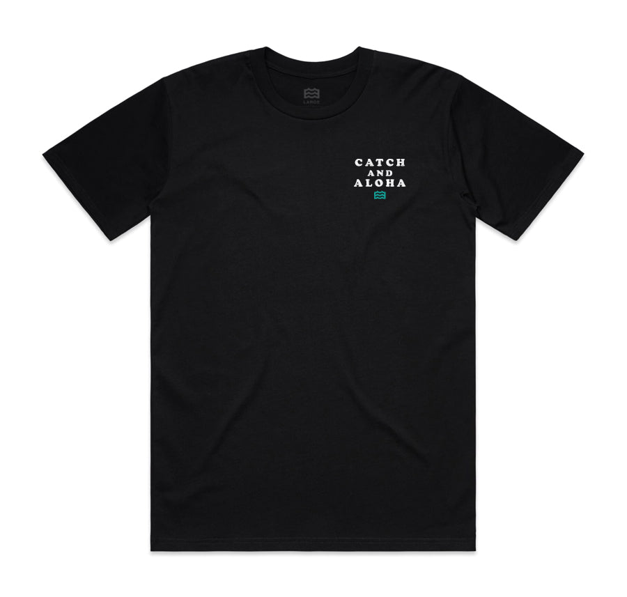front of black t-shirt with "catch and aloha" and wave logo design on pocket 