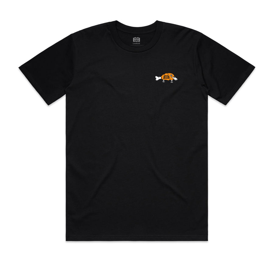 front of black t-shirt with lateral vision platypus chicken graphic on pocket