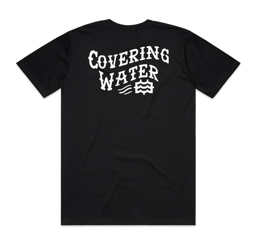black t-shirt with lateral vision covering water design