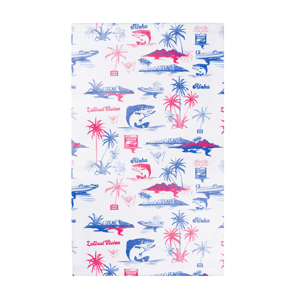 white neck gaiter with lateral vision hawaii graphics