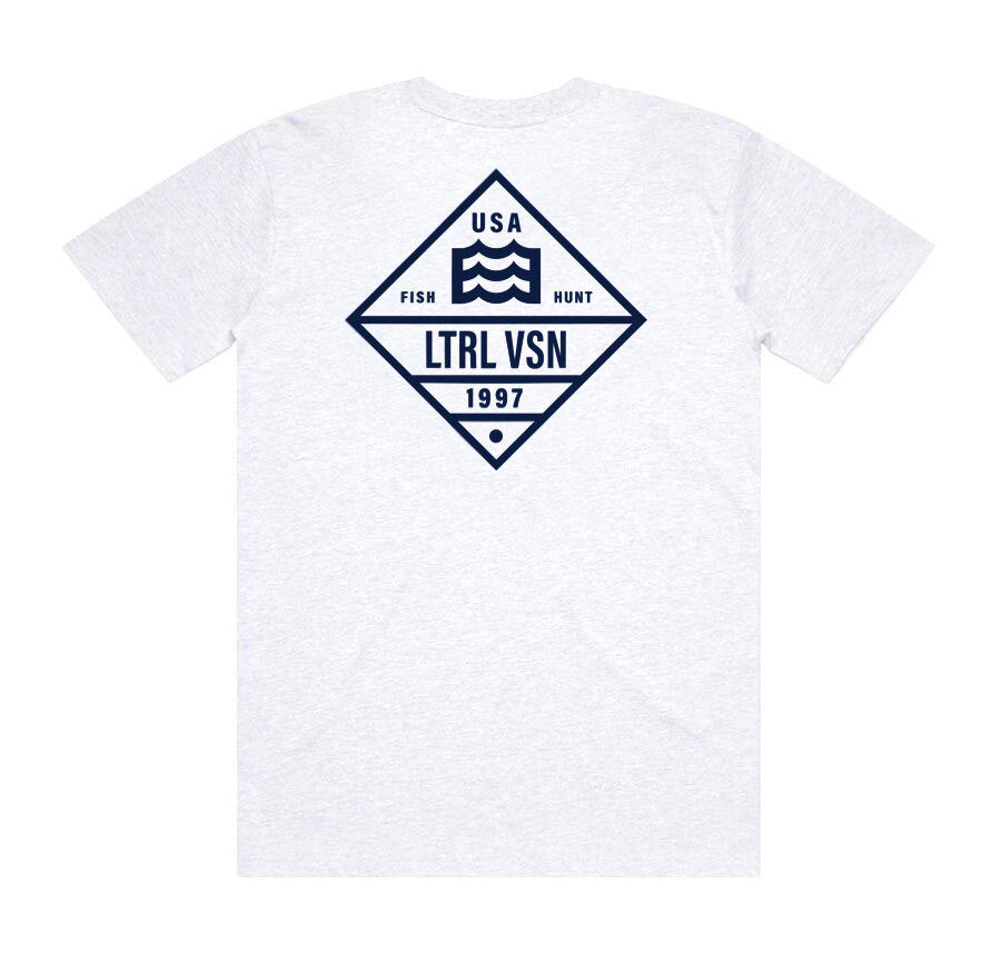 white t-shirt with lateral vision USA 1997 wave logo in diamond design