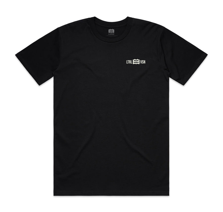 front of black t-shirt with lateral vision wave logo on pocket