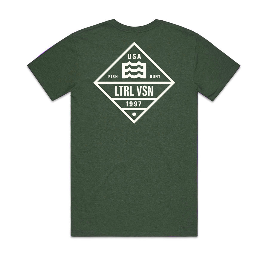 green t-shirt with lateral vision USA 1997 wave logo in diamond design