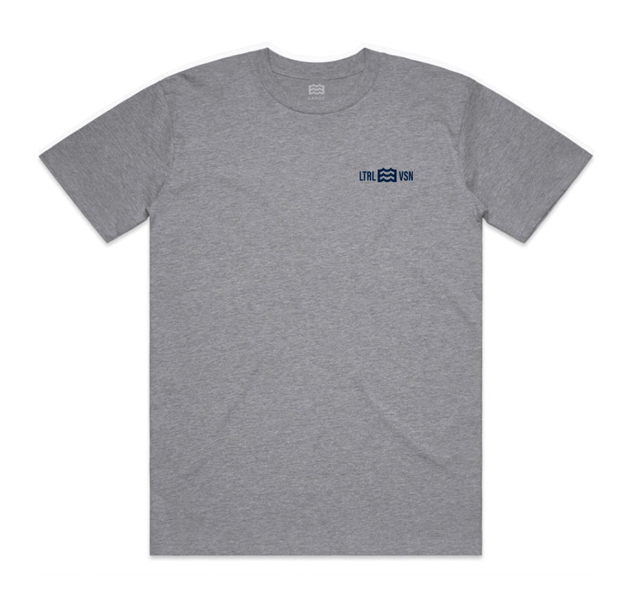 front of gray t-shirt with lateral vision wave logo on pocket 