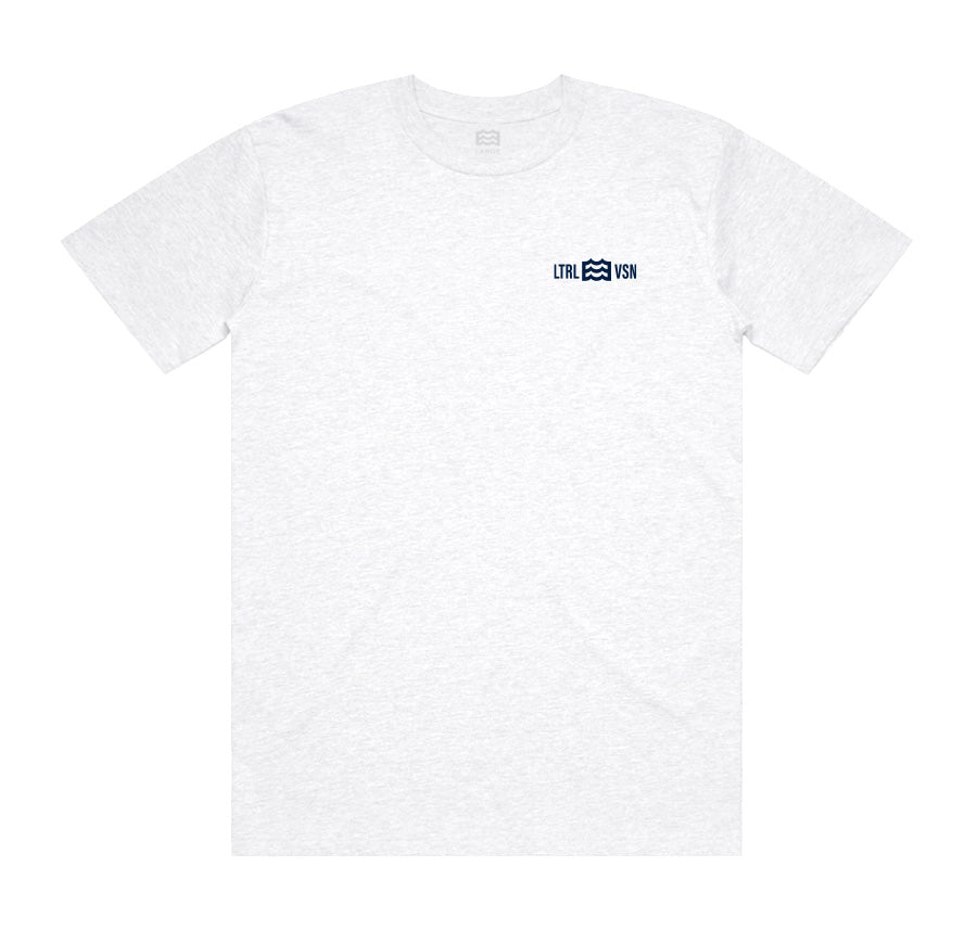 front of white t-shirt with lateral vision wave logo on pocket