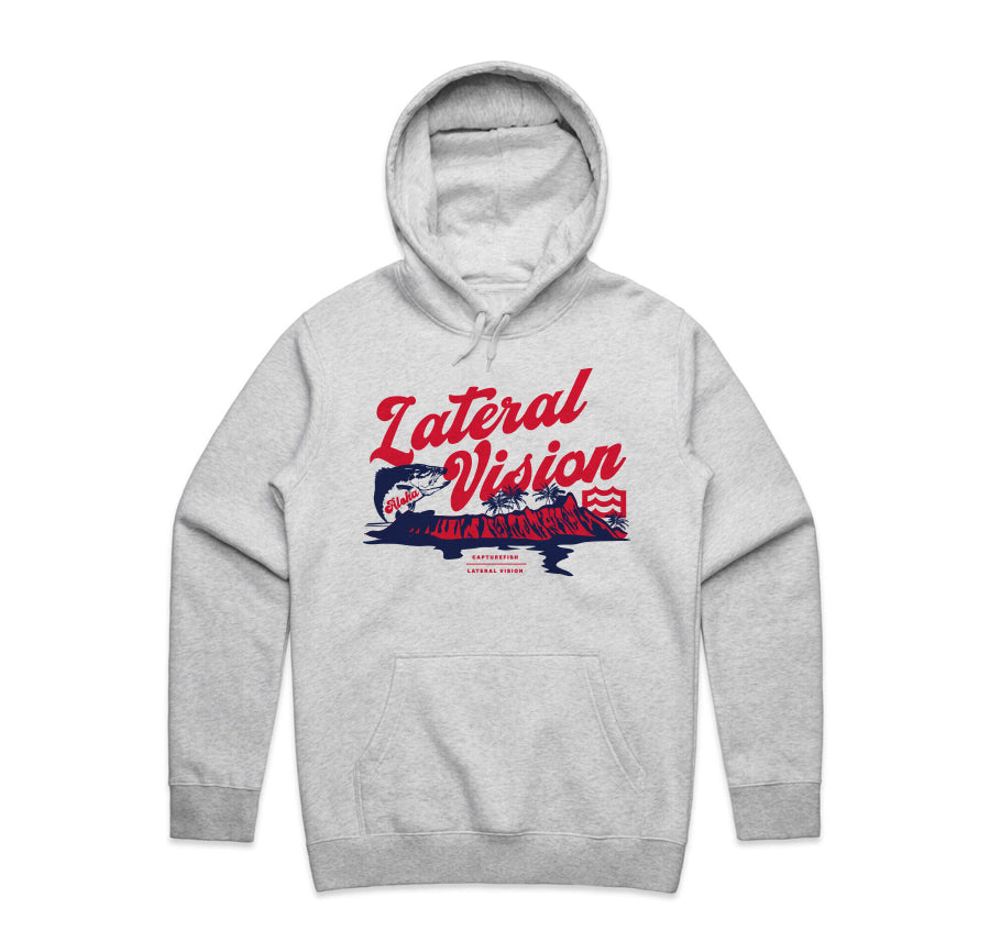 front of heather hoodie with lateral vision hawaii graphic 