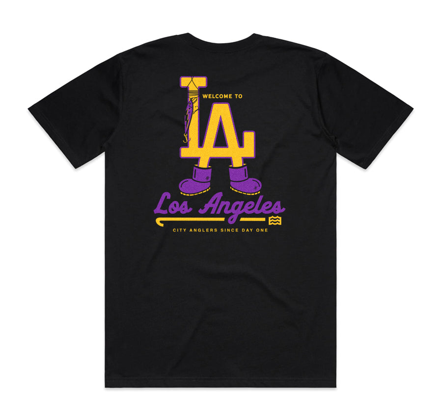 black t-shirt with welcome to Los Angeles and "LA" wearing shoes graphic