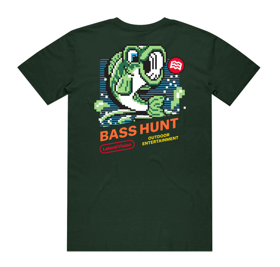 lateral vision bass hunt green t-shirt with graphic of pixelated bass out of water
