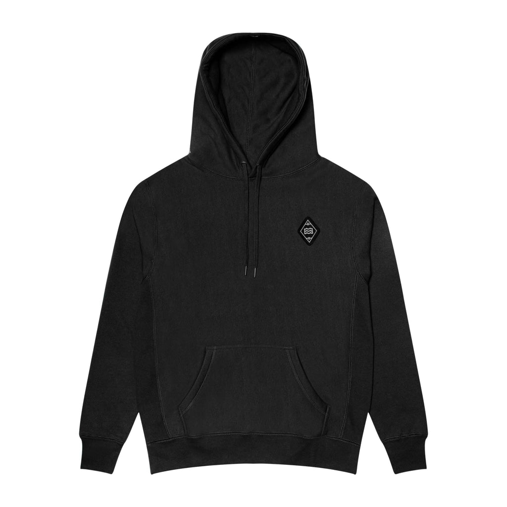 black heavy weight hoodie with wave logo in diamond design on pocket 