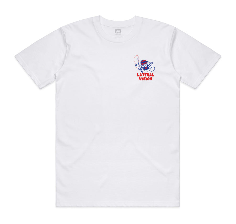 front of white t-shirt with lateral vision name and man holding fishing pole graphic on pocket 