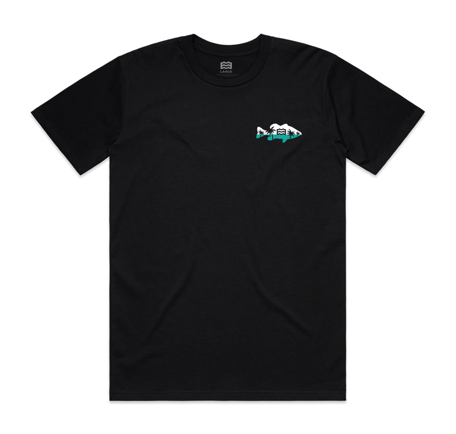 front of black t-shirt with fish and wave logo design on pocket