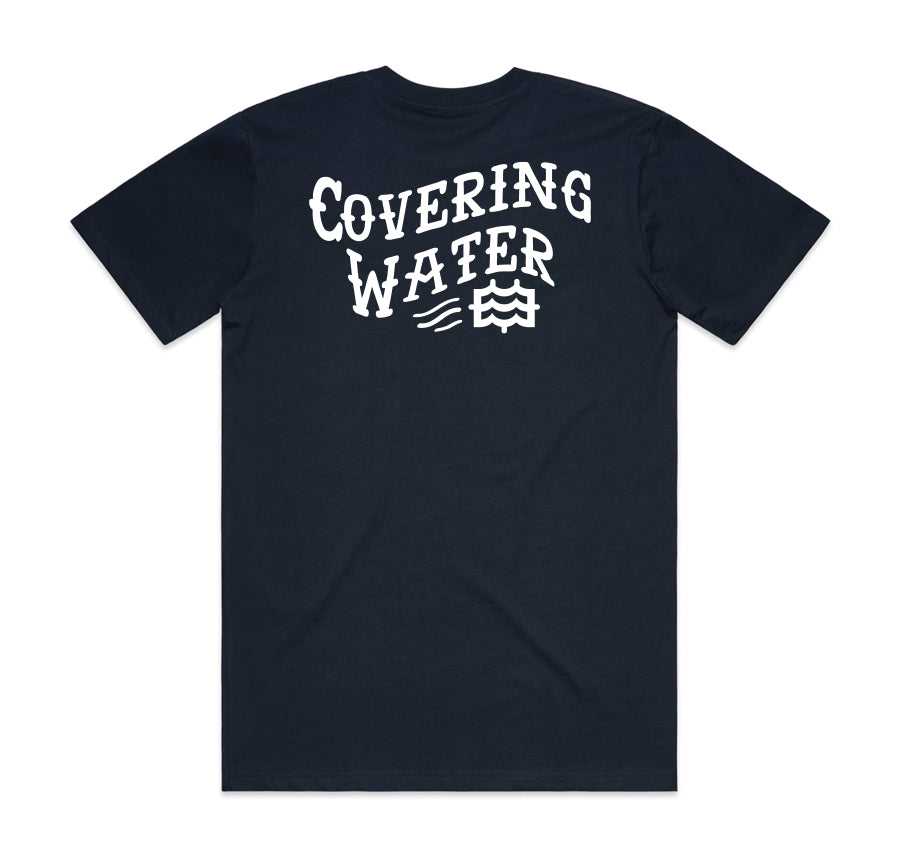 back of navy t-shirt with lateral vision covering water design