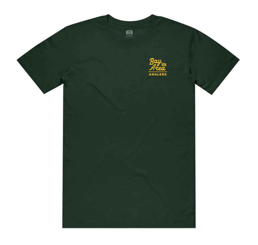 front of green t-shirt with Bay Area Anglers on pocket 