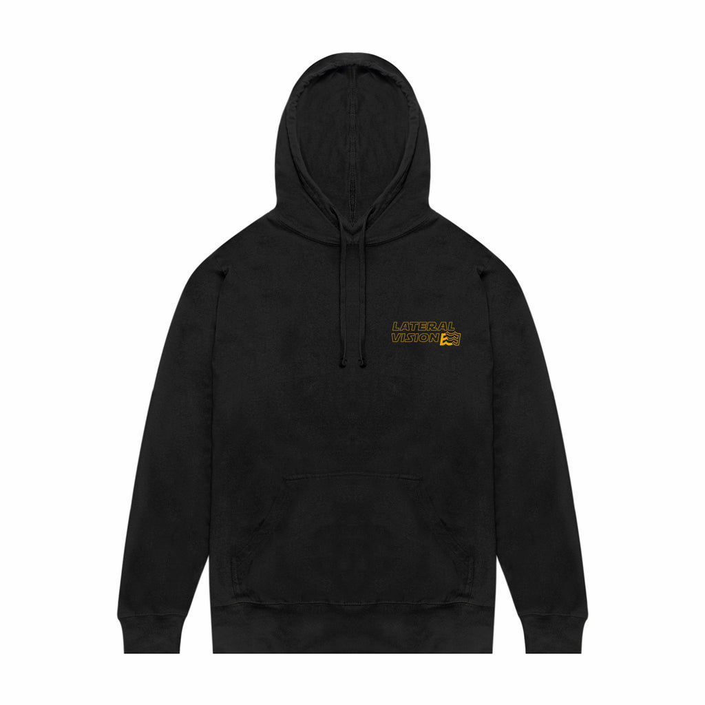 front of black hoodie with lateral vision name and wave logo on pocket
