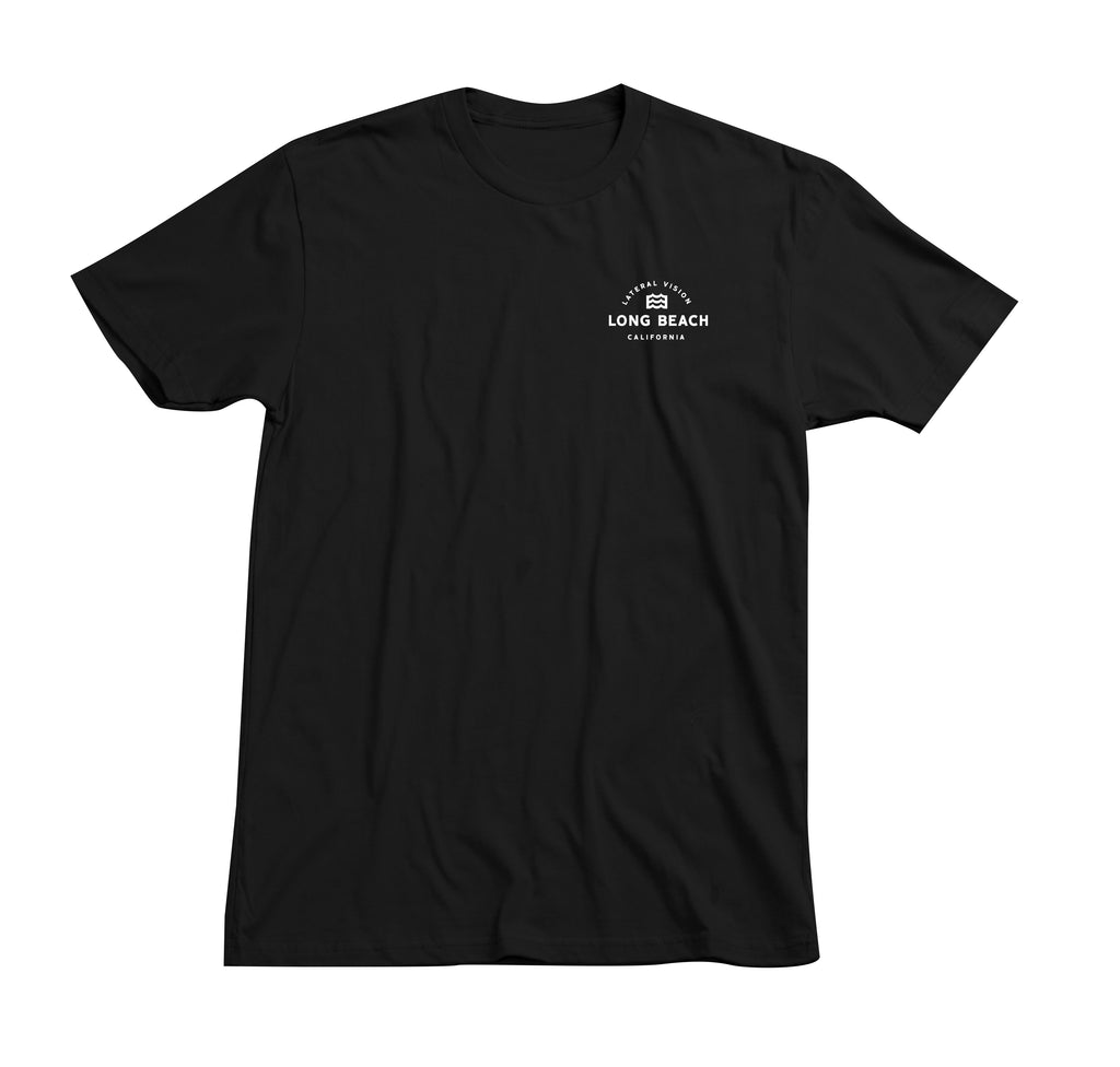 front of black t-shirt with lateral vision Long Beach California and wave logo design on pocket 