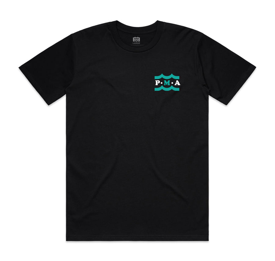front of black t-shirt with P.M.A and wave design on pocket