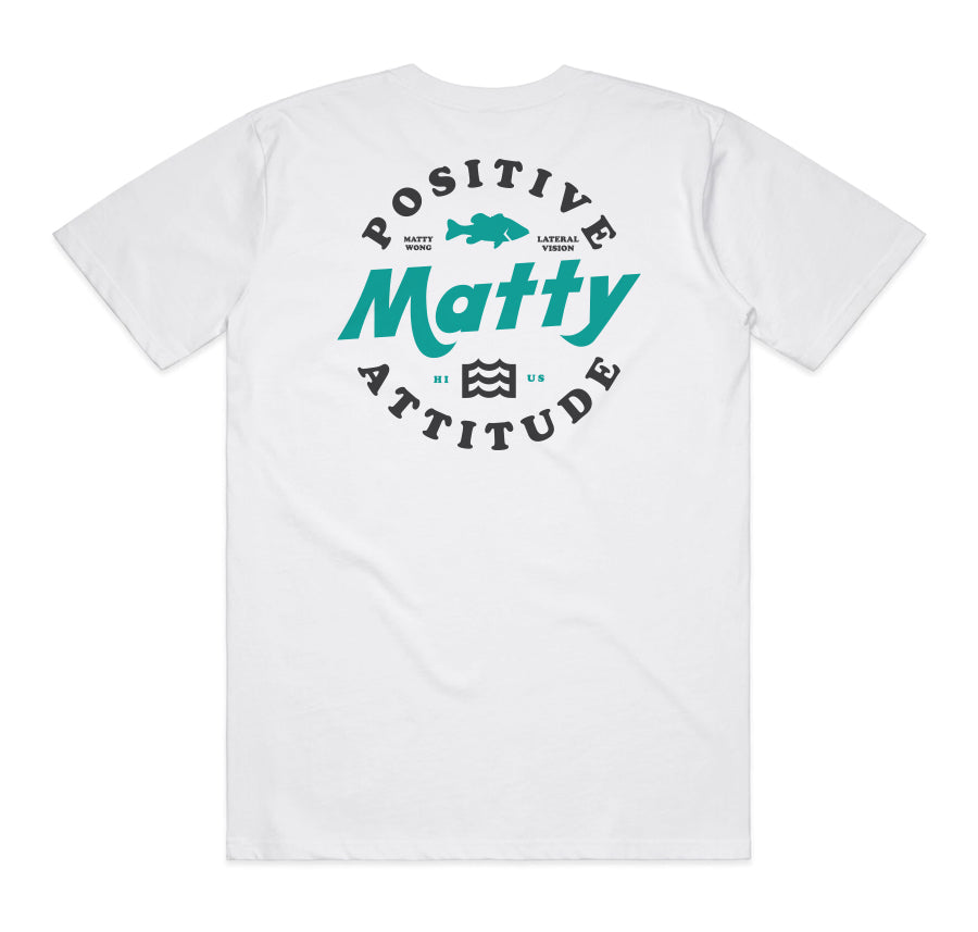 white matty wong x lateral vision t-shirt with positive matty attitude design 