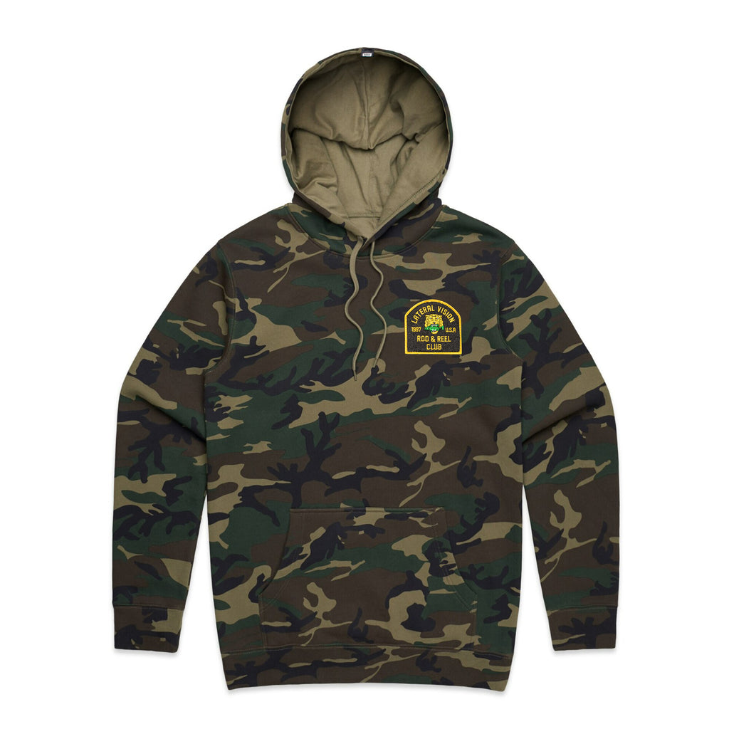 green camouflaged hoodie with lateral vision rod & reel club patch on pocket 