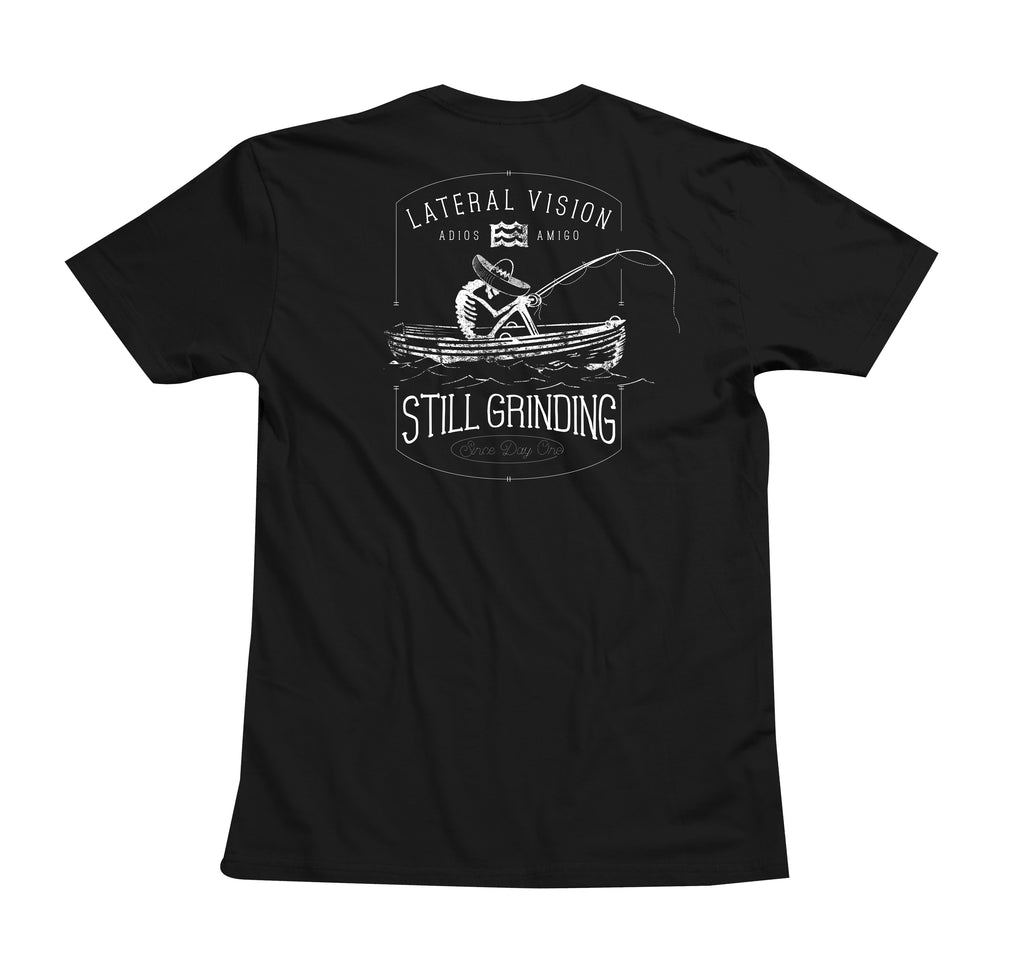 black lateral vision still grinding t-shirt with skeleton fishing in boat graphic 