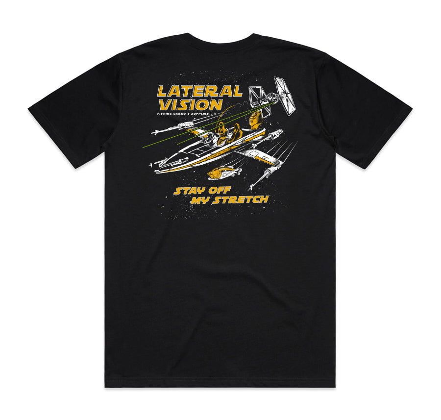 black t-shirt with "stay off my stretch!" and spaceship graphic