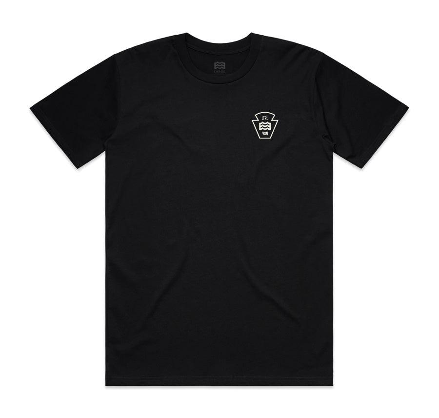 front of black t-shirt with lateral vision wave logo on pocket 