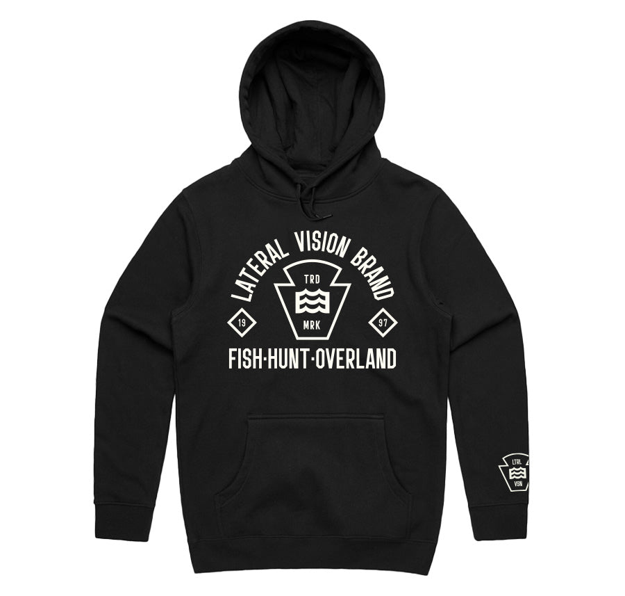 black hoodie with lateral vision brand fish. hunt. overland wave logo design