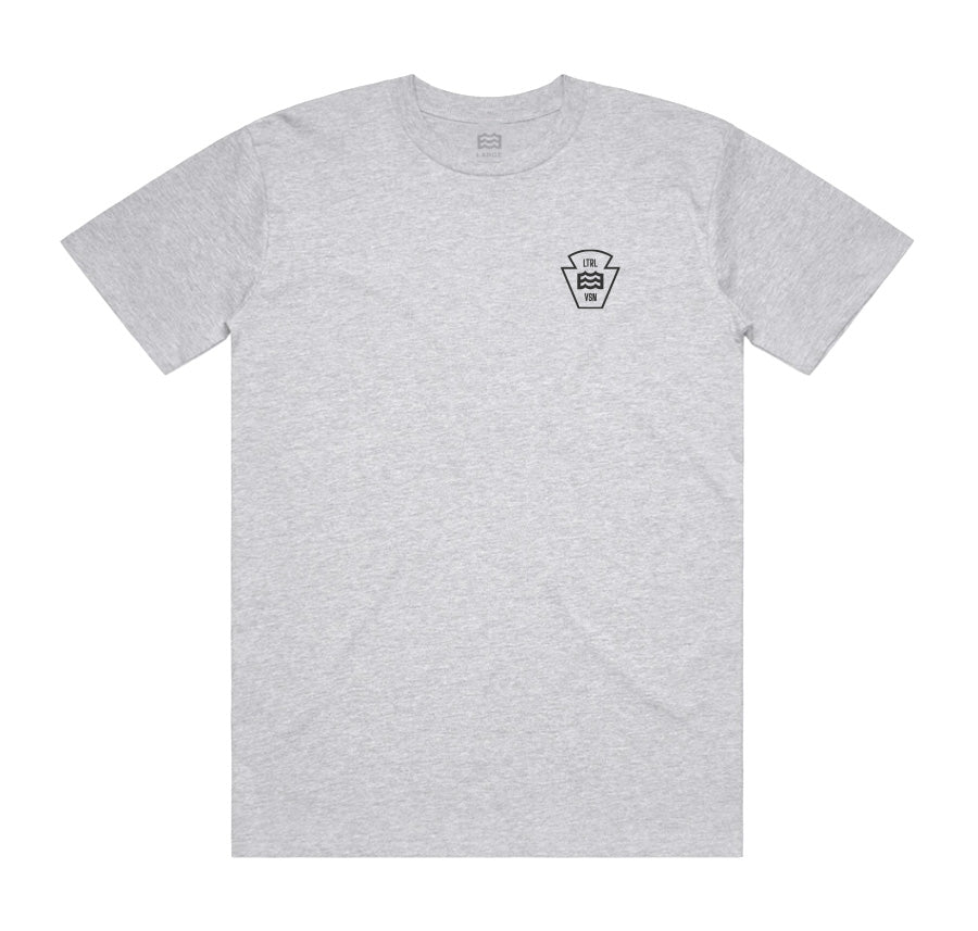front of gray t-shirt with lateral vision wave logo on pocket