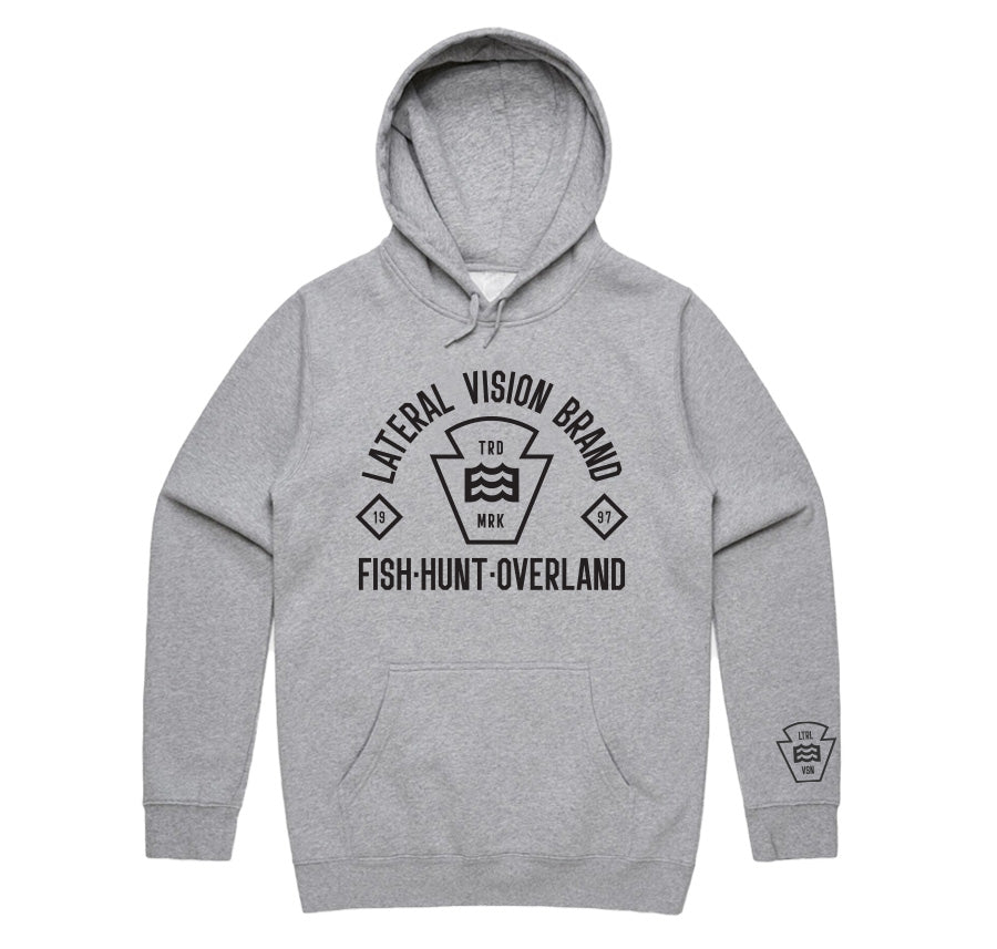 gray hoodie with lateral vision brand fish. hunt. overland wave logo design