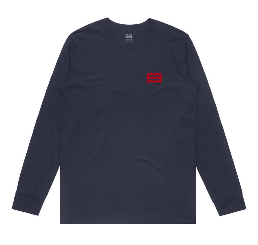 navy long sleeve with red wave logo on pocket