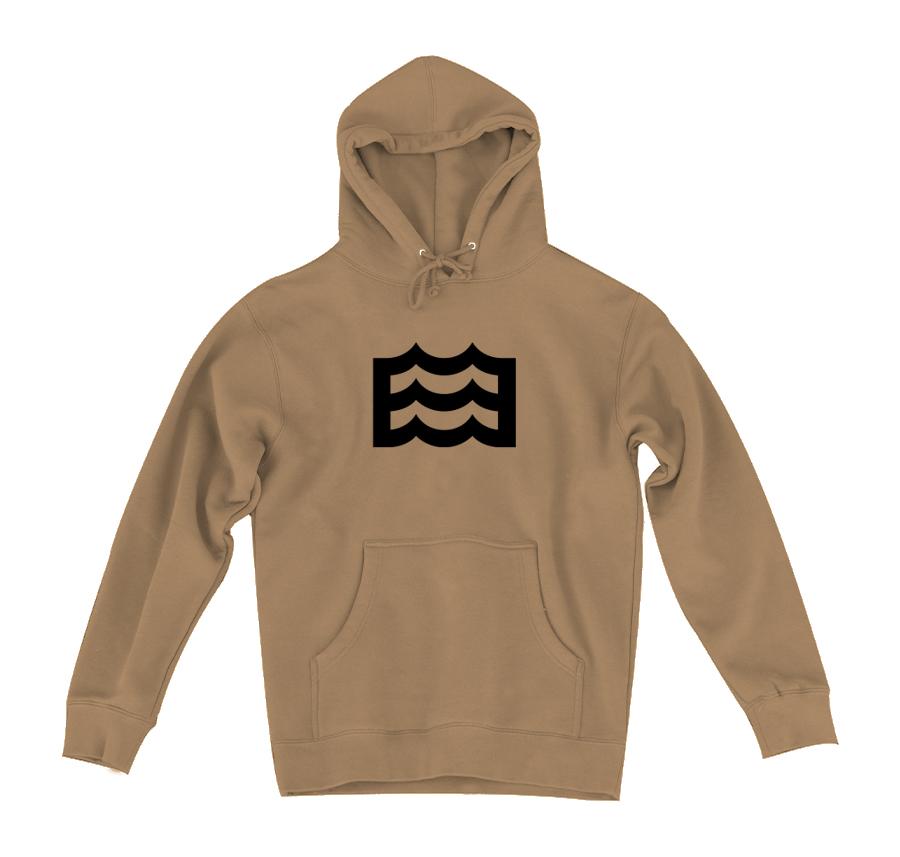 tan hoodie with black wave logo