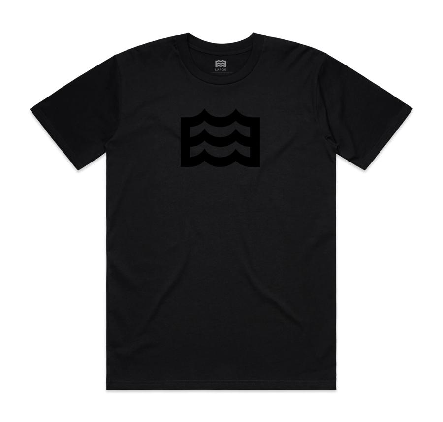 black t-shirt with black wave logo