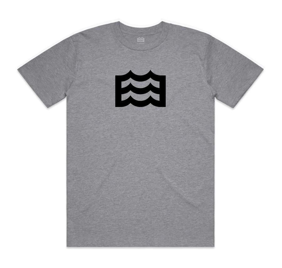 gray t-shirt with black wave logo