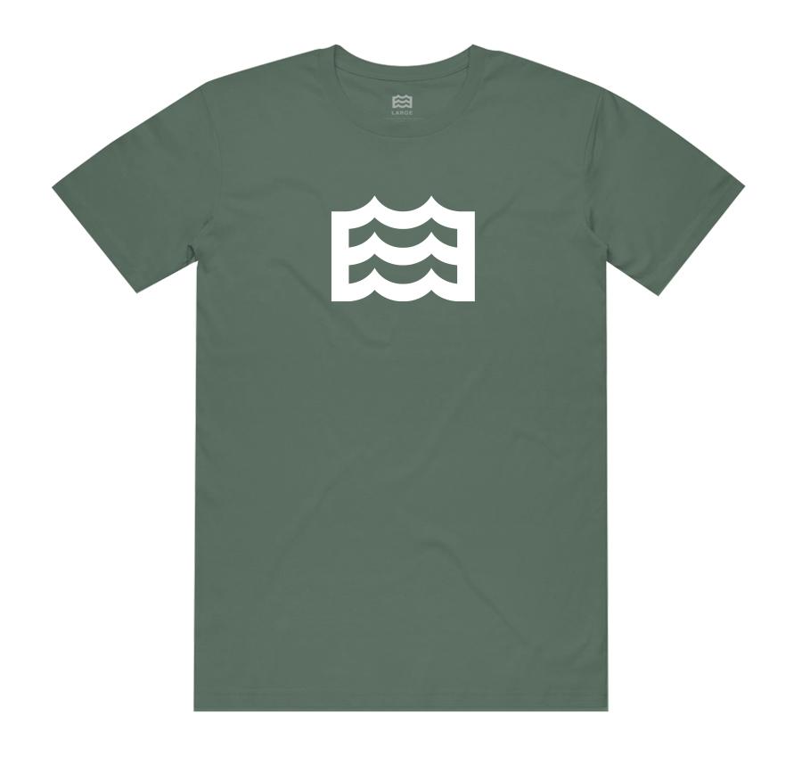 olive t-shirt with white wave logo