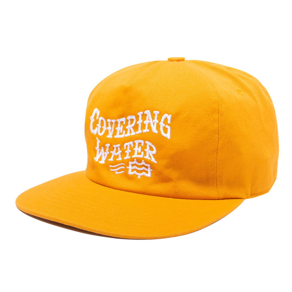 yellow snapback hat with covering water lateral vision logo design