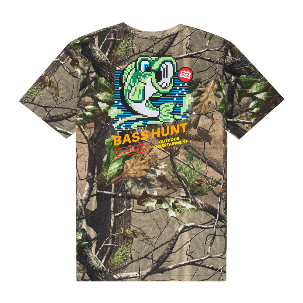 lateral vision bass hunt tree print t-shirt with graphic of pixelated bass out of water