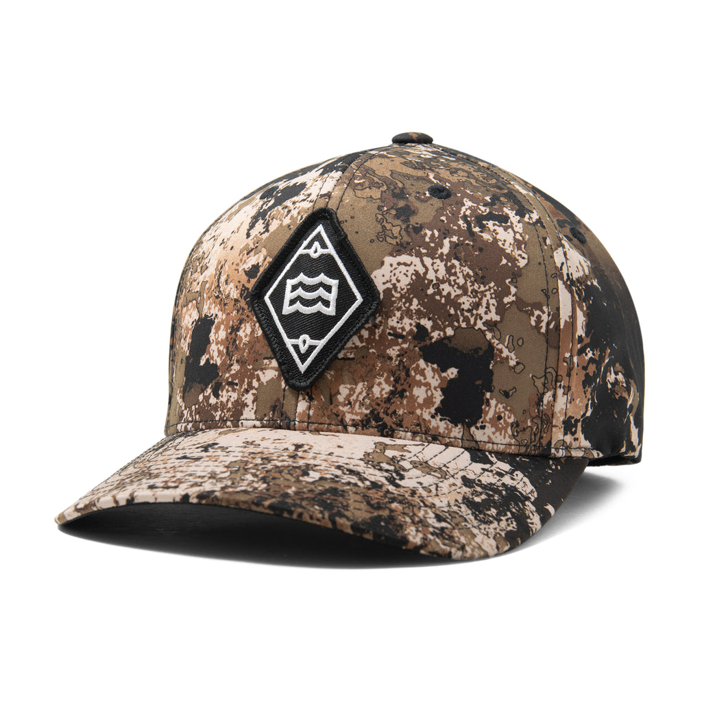brown camouflaged hat with wave logo in diamond patch