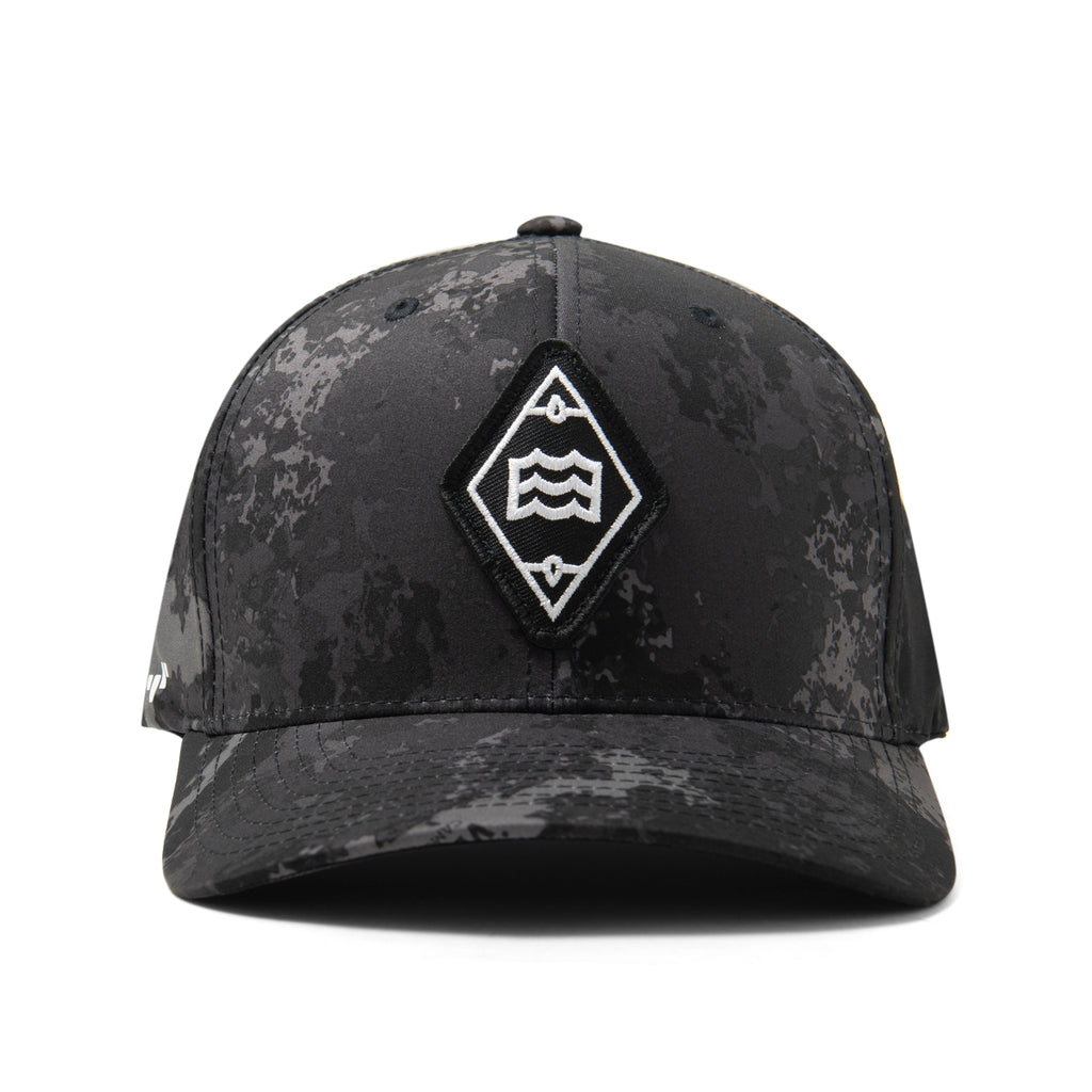black camouflaged hat with wave logo in diamond patch 