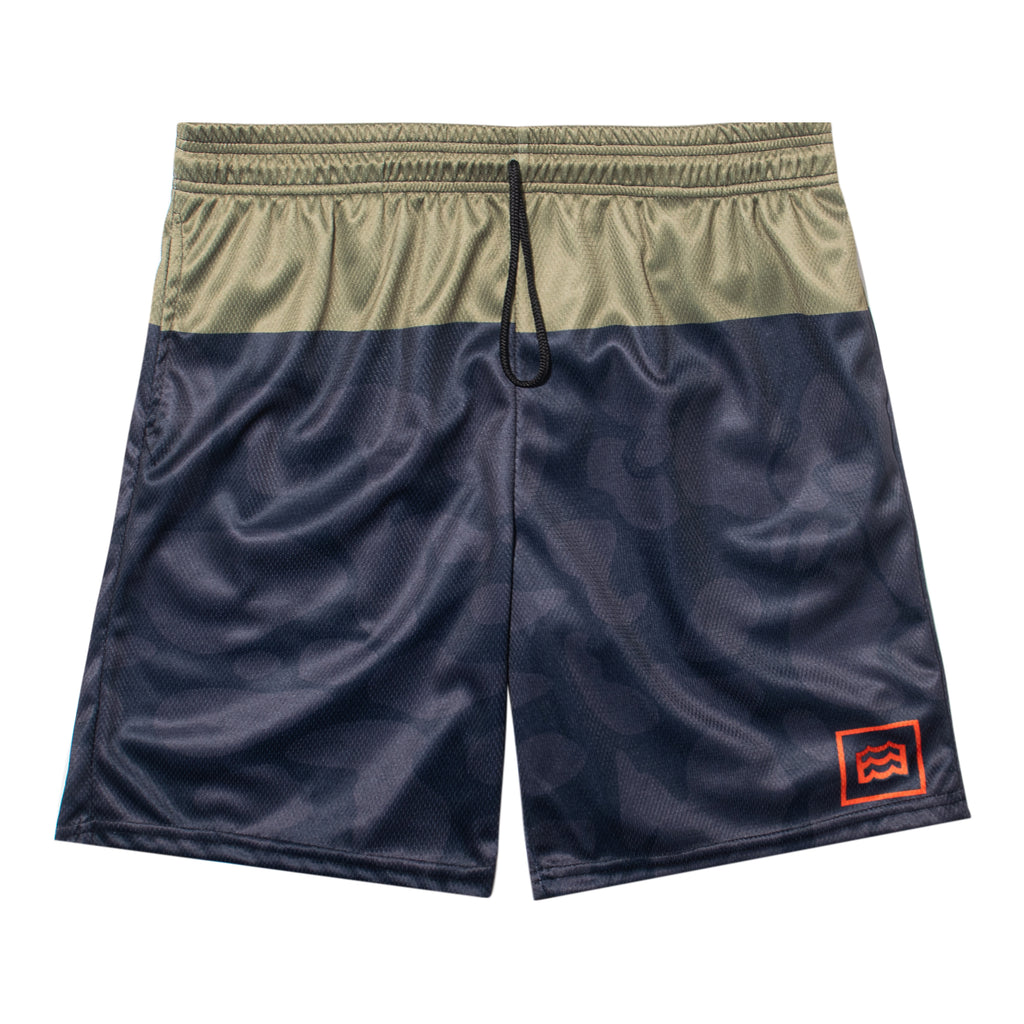 front of split green and navy camouflaged shorts with wave logo on bottom left pant