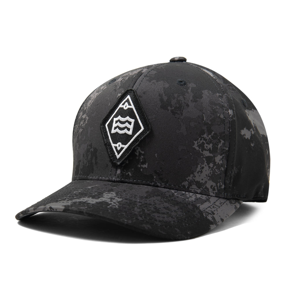 black camouflaged hat with wave logo in diamond patch