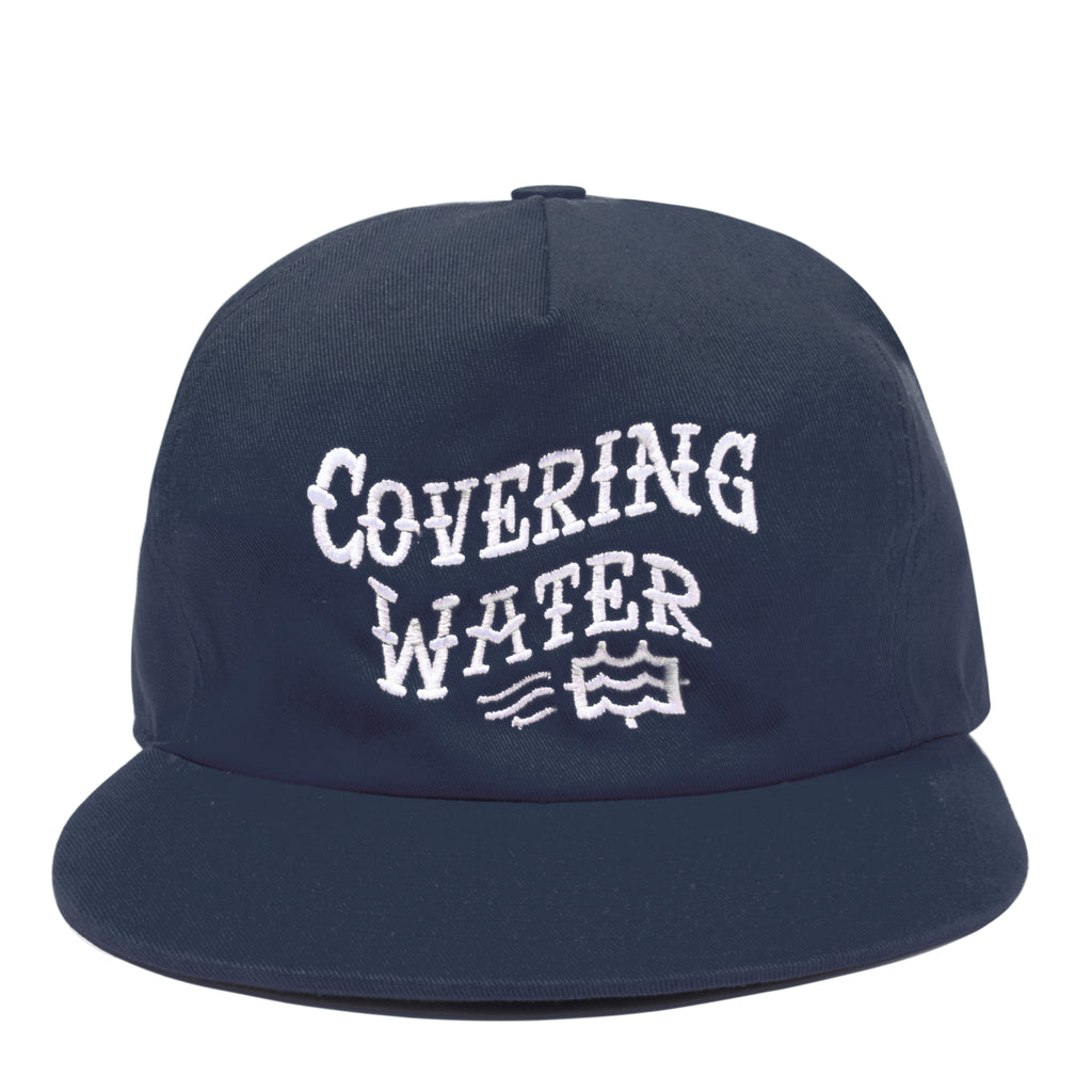 navy snapback hat with covering water lateral vision logo design
