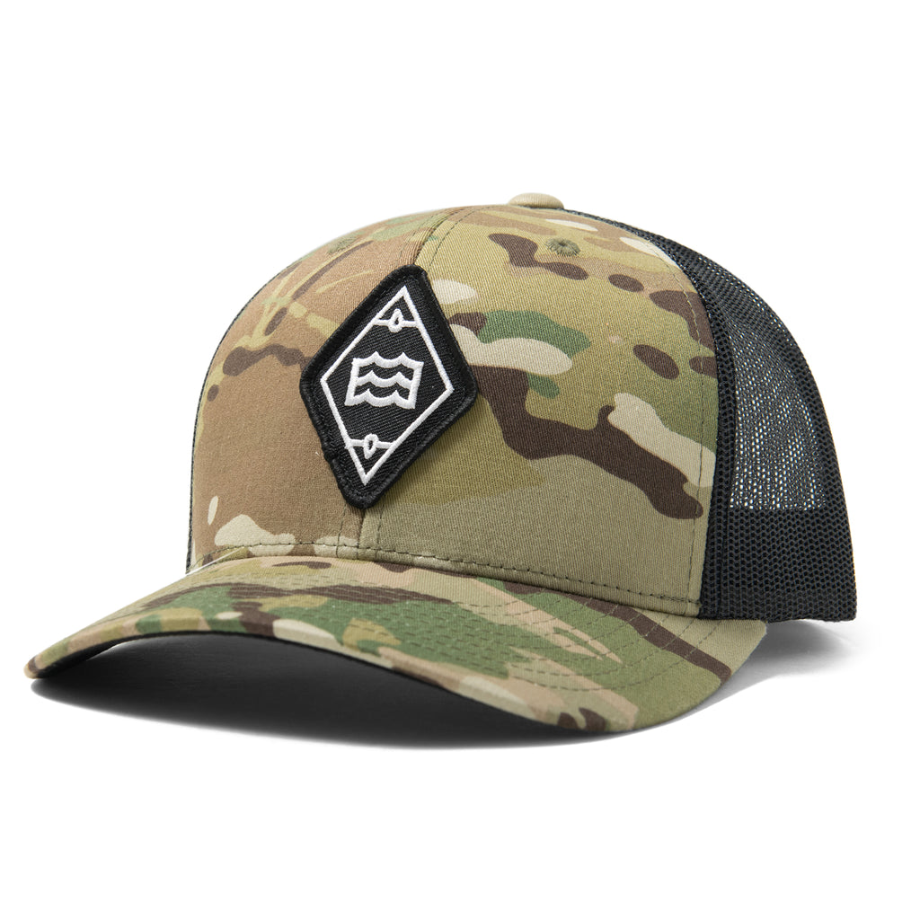 camouflaged hat with wave logo in diamond patch